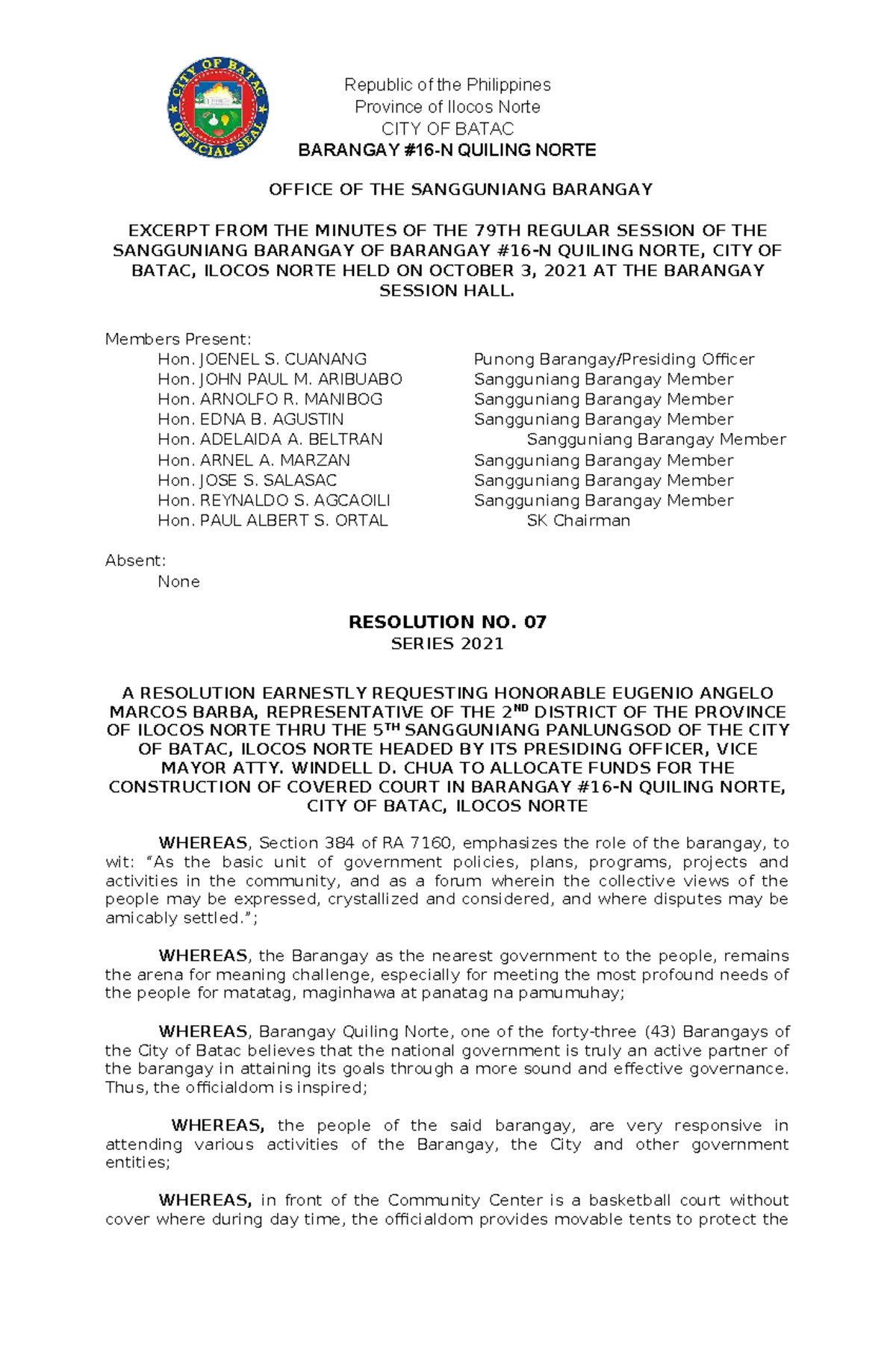618830159 2021 Barangay Resolution No 7 A Resolution FOR Covered Court ...