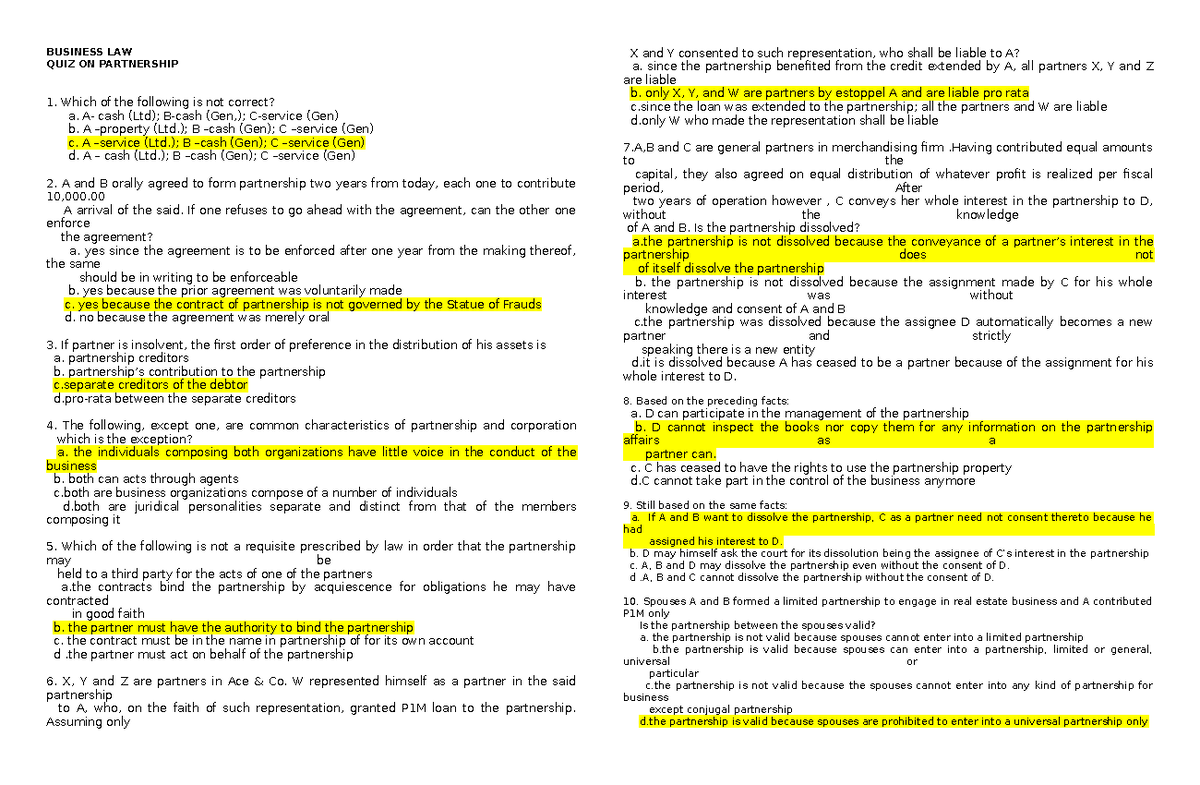 7-partnership - Lecture Notes 123 - BUSINESS LAW QUIZ ON PARTNERSHIP 1 ...