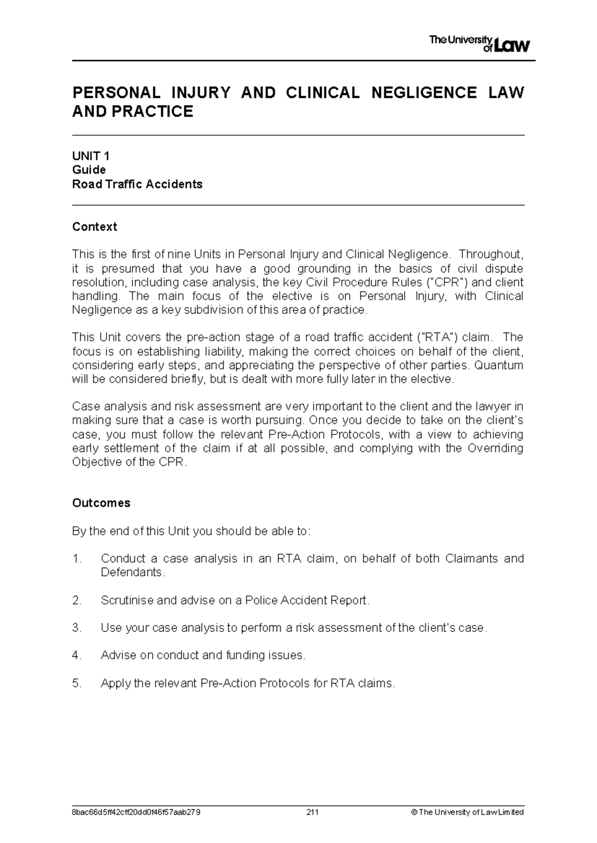 Workshop guide - PERSONAL INJURY AND CLINICAL NEGLIGENCE LAW AND ...