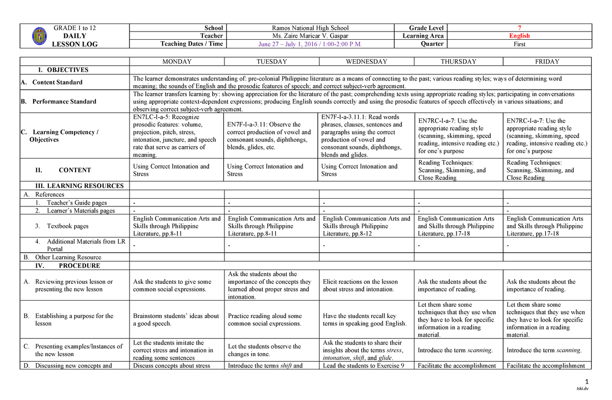 Daily Lesson LOG - For newcomers - GRADE 1 to 12 DAILY LESSON LOG ...