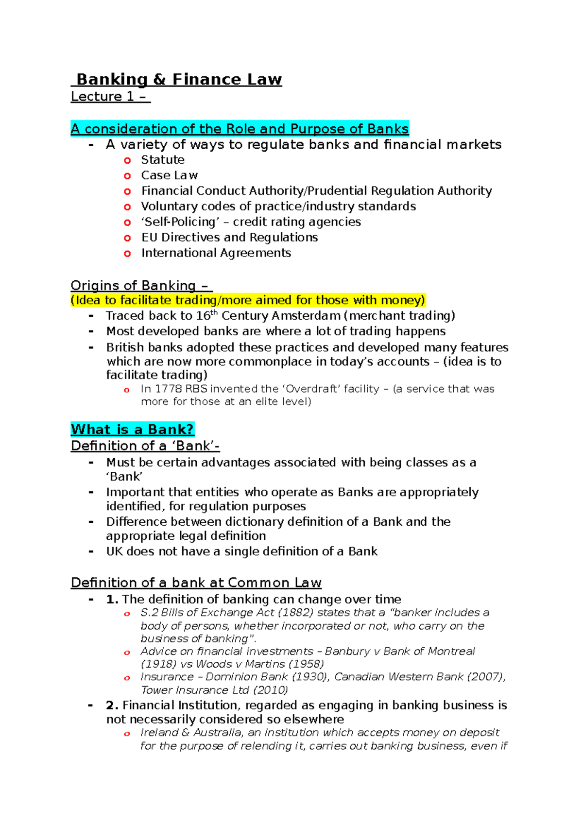 Banking and Finance lectures Banking & Finance Law Lecture 1 A