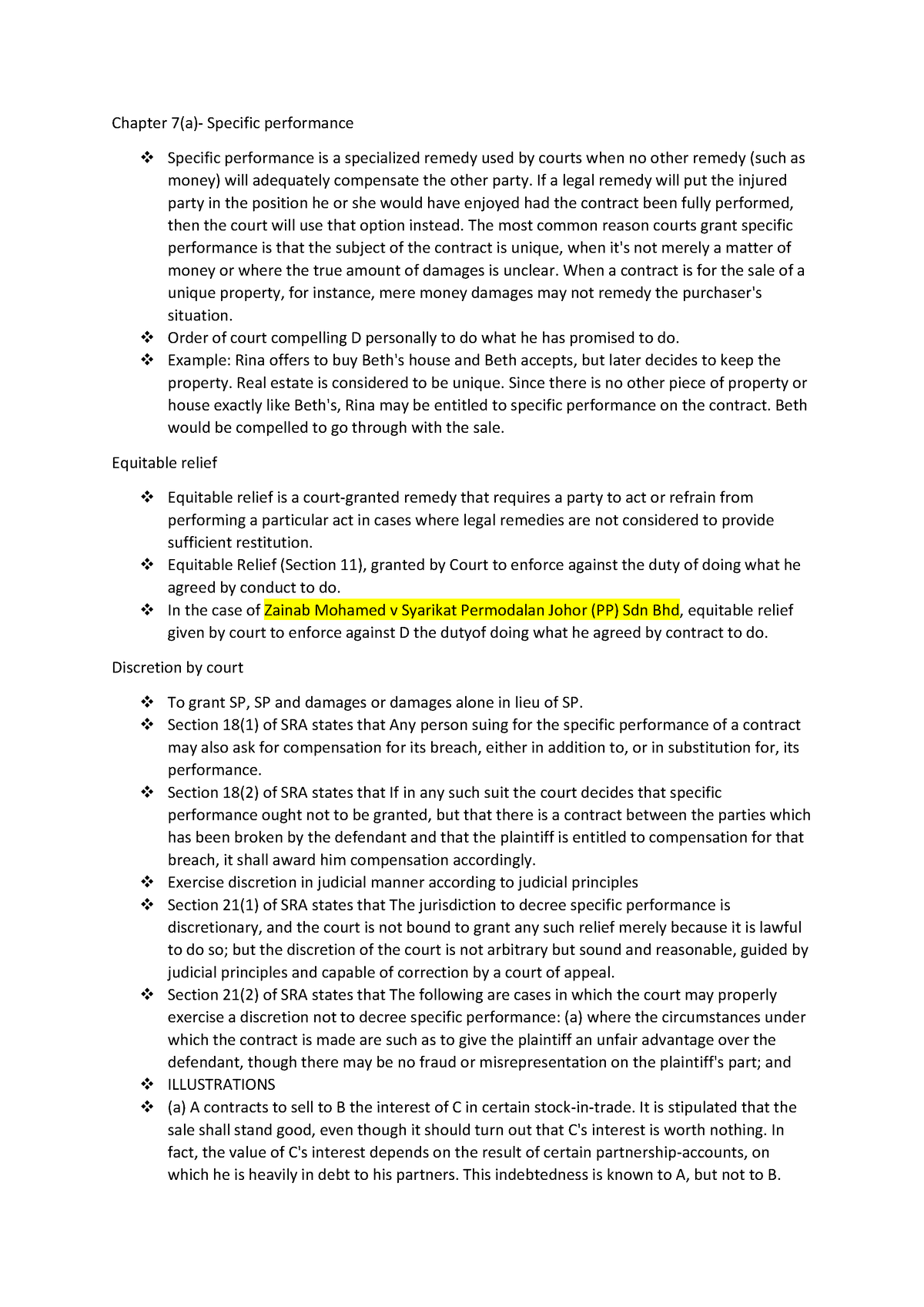 Chapter 7 - specific performance - Chapter 7(a)- Specific performance ...