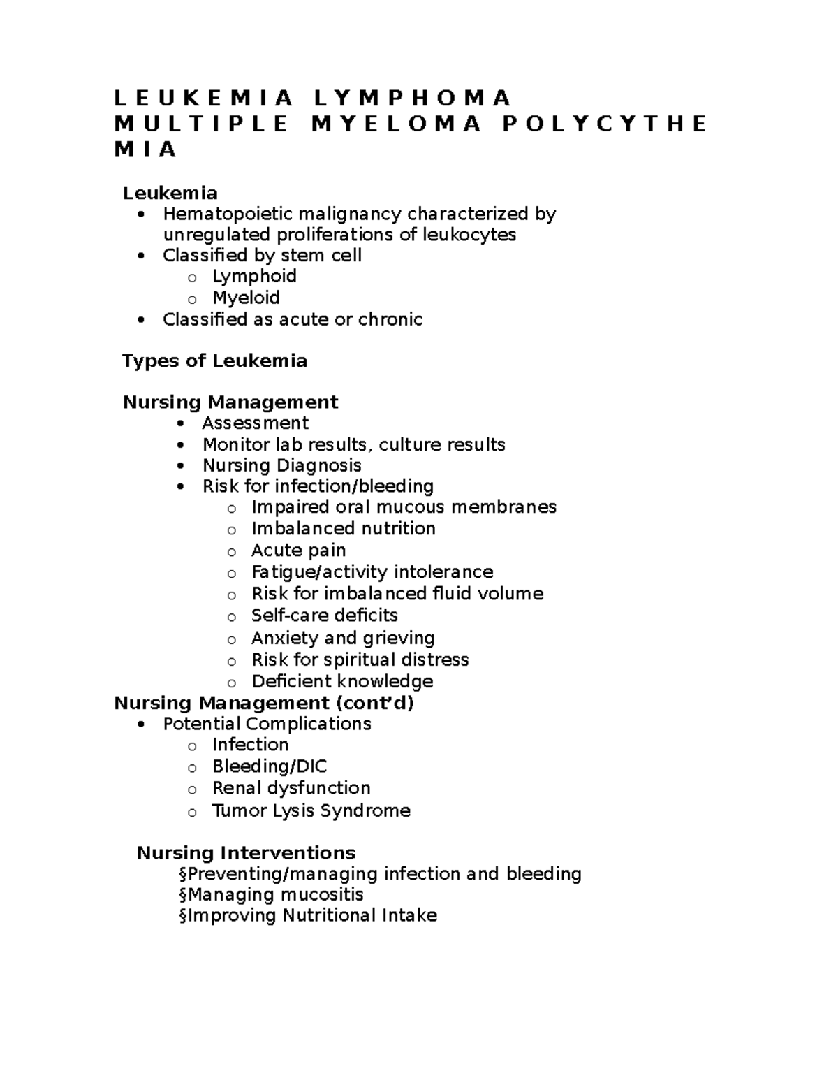Leukemia, lymphoma, polycythemia - L E U K E M I A L Y M P H O M A M U ...