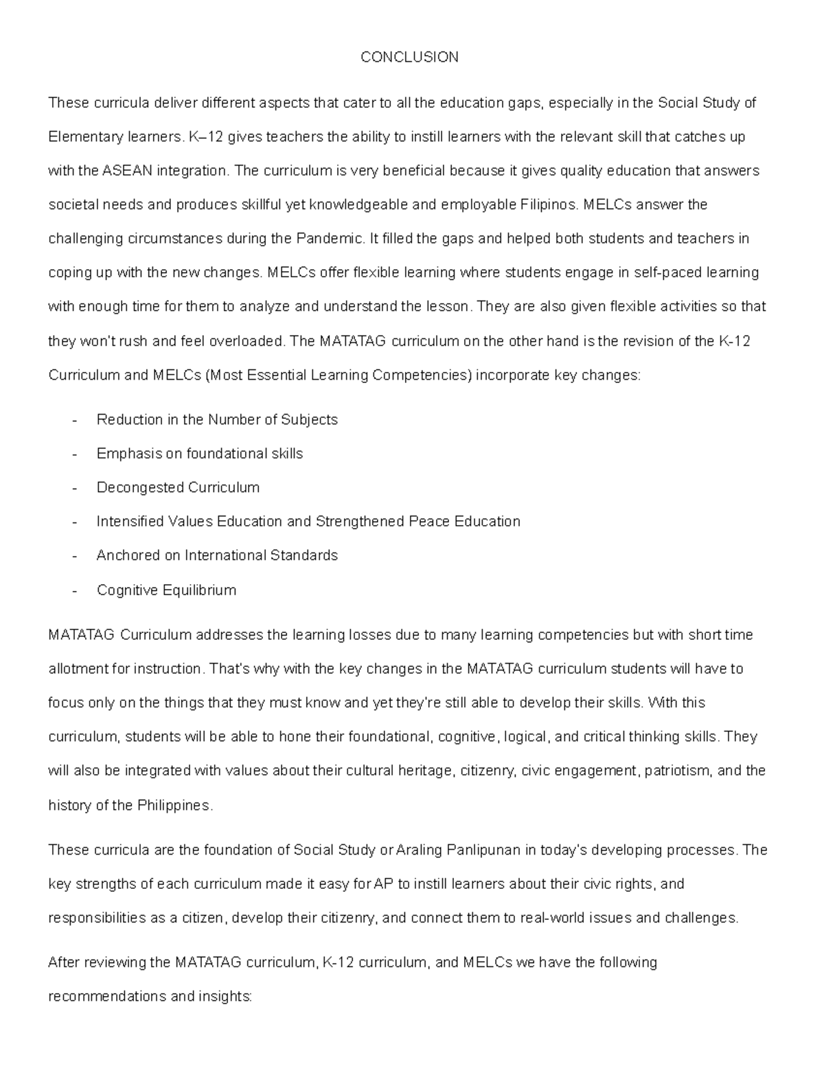 Conclusion - Notes for Elcs - CONCLUSION These curricula deliver ...