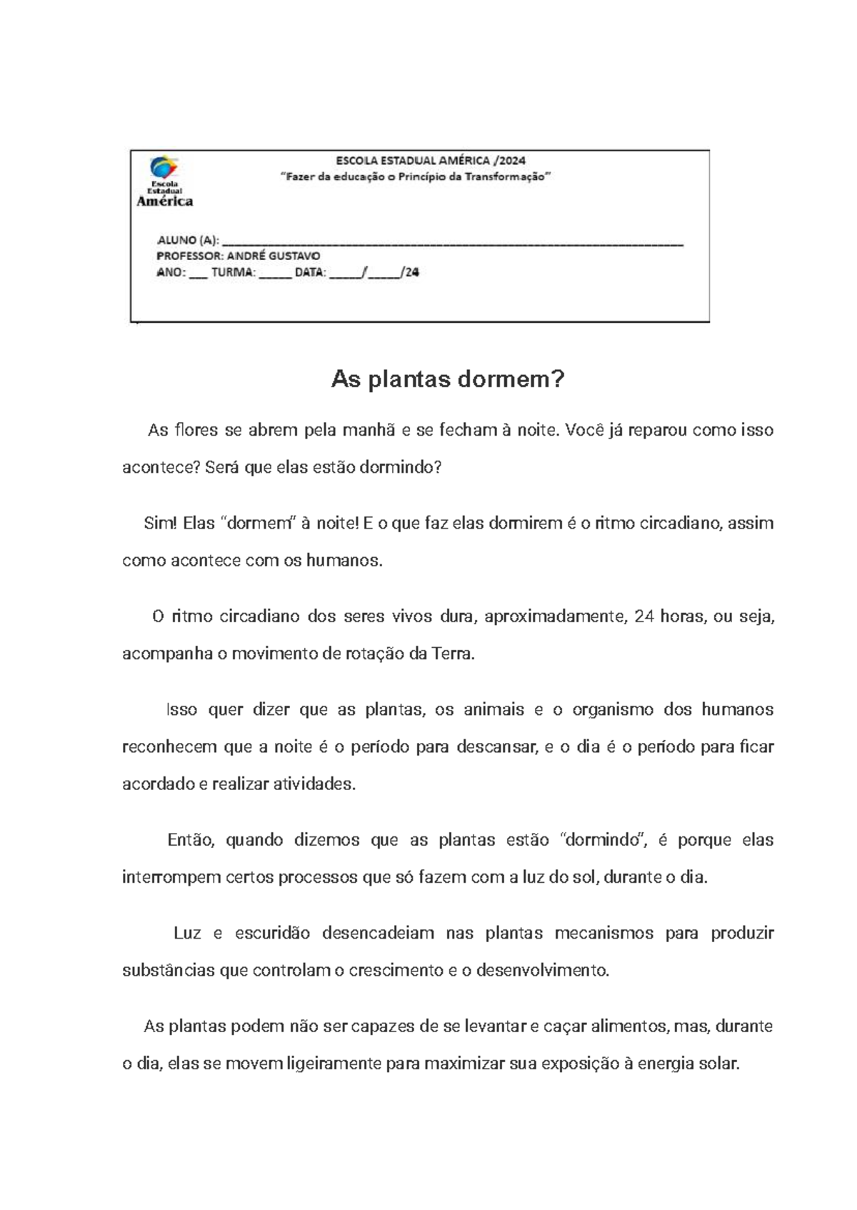 6 ano 5, texto 1, as plantas dormem - As plantas dormem? As flores se ...