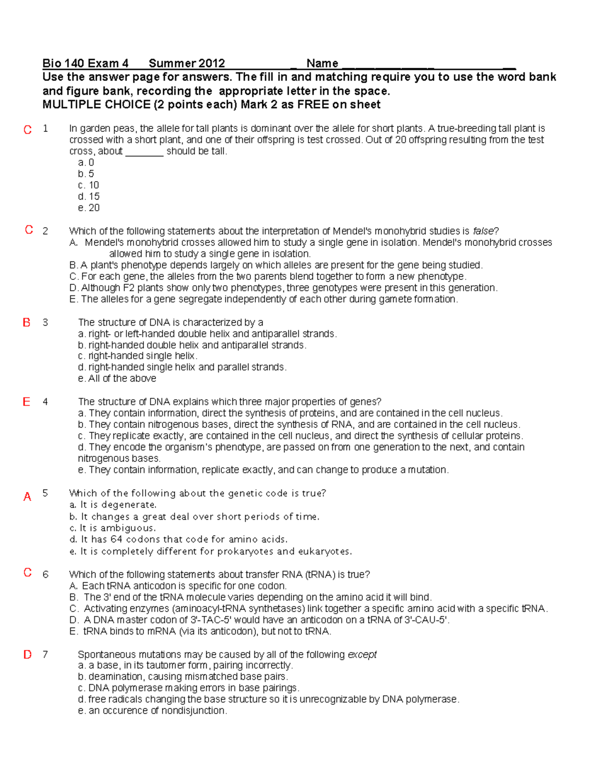 Exam 4 [2012 ] - Exam 4 - Bio 140 Exam 4 Summer 2012 _ Name ...