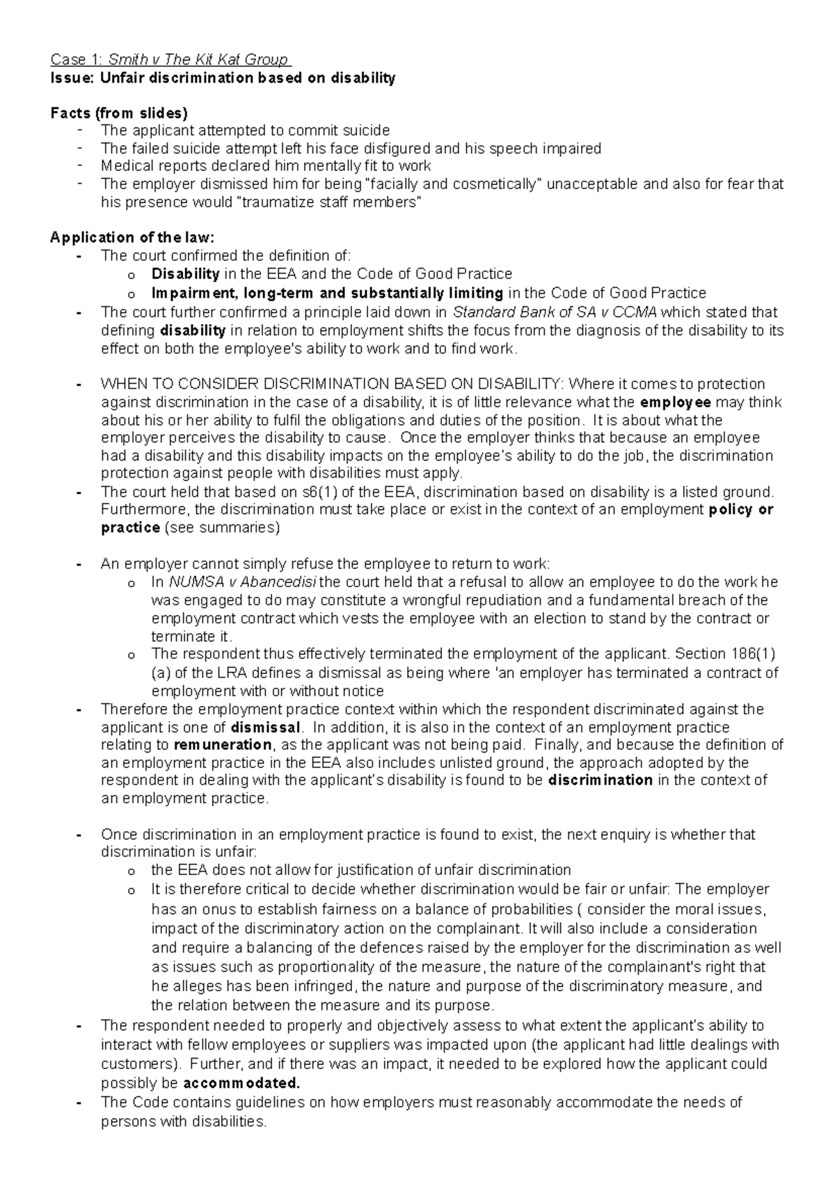 3 Cases - Summary Labour Law - Case 1: Smith V The Kit Kat Group Issue 