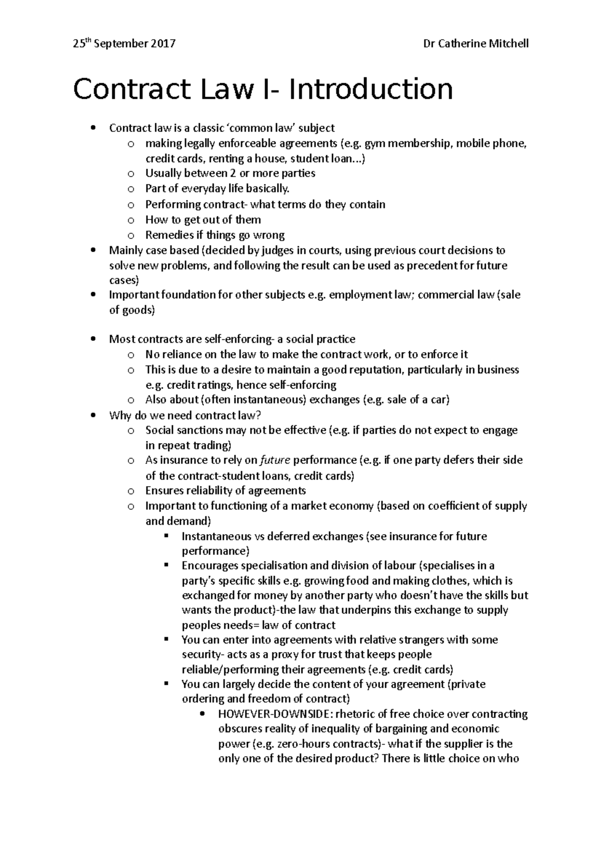 Contract Law I Introduction To Contract Law With Source Reading 25 Th September 2017 Dr Contract Law I Introduction To Contract Law With Source Reading 25 Th September 2017 Dr