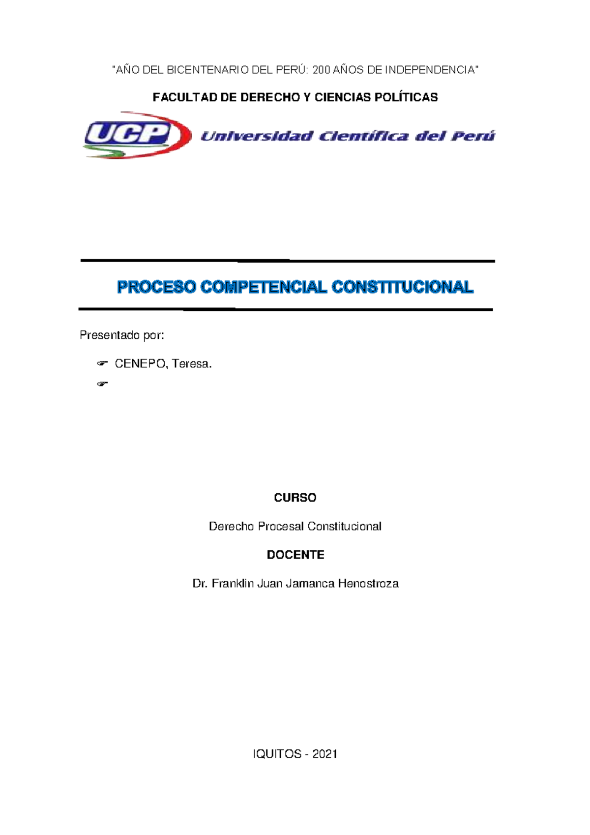 Monografía Procesal Constitucional - Proceso Competencial - “AÑO DEL ...