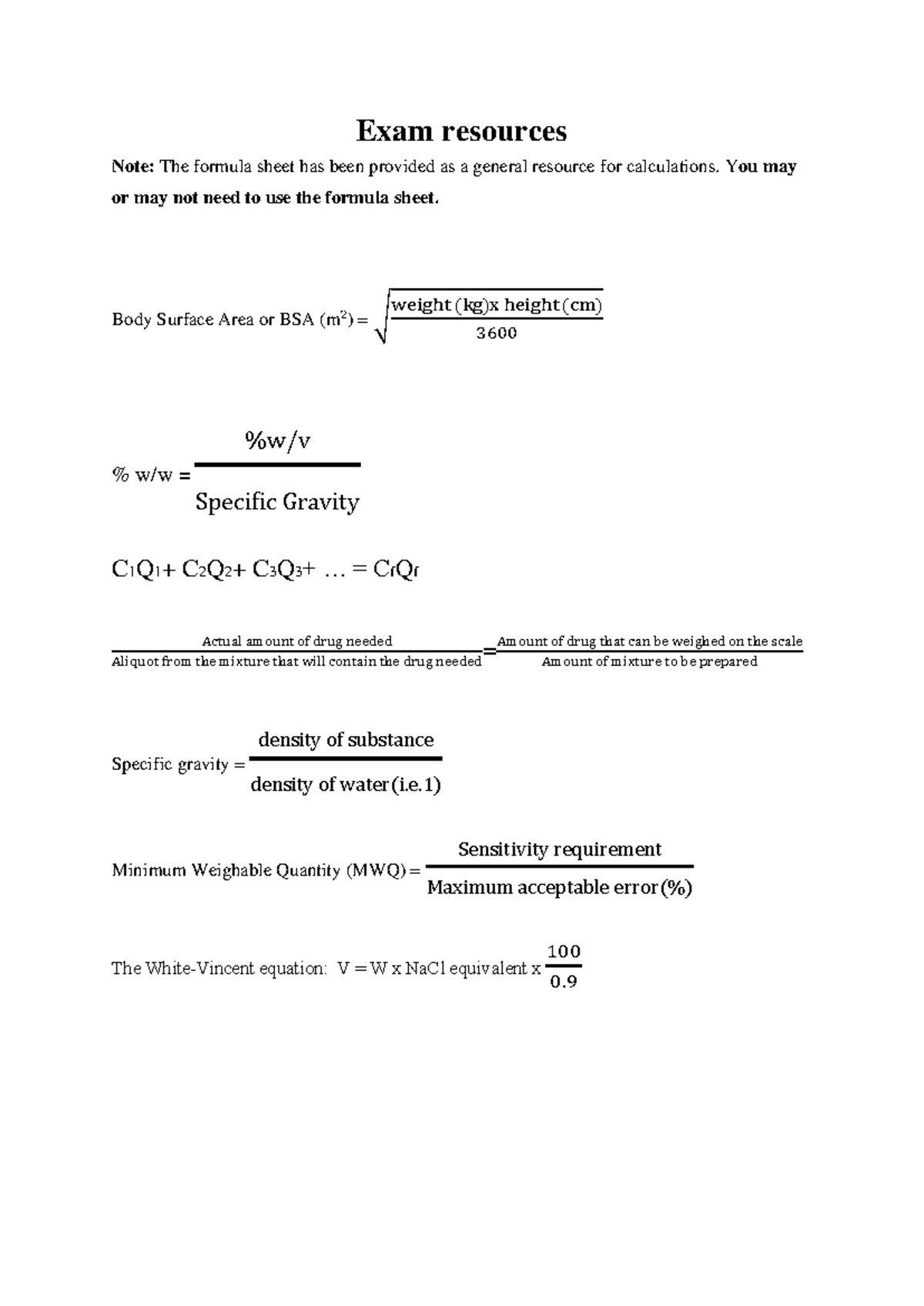 Formula Sheet Pharm Calcs - Exam resources Note: The formula sheet has ...