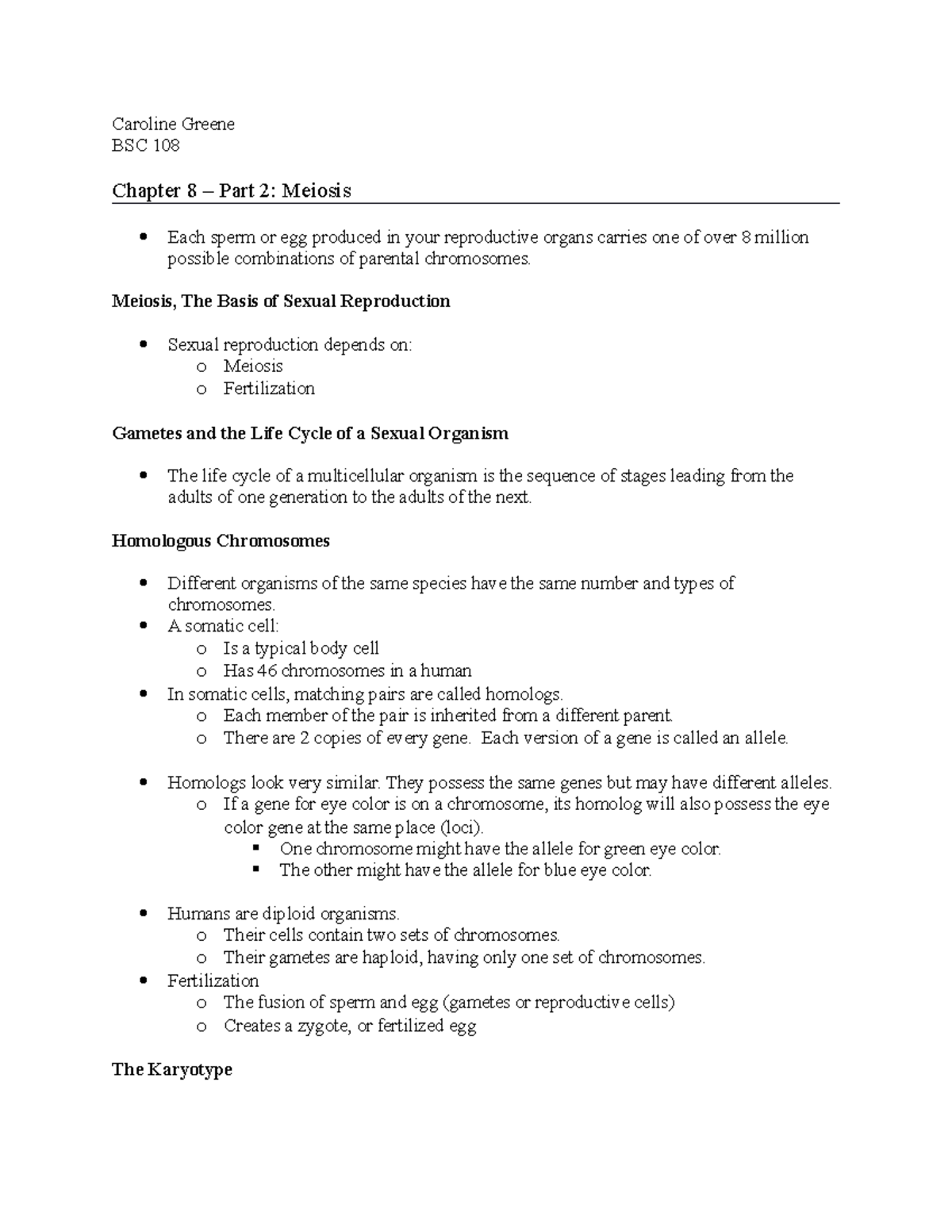 Chapter 8 Part 2 - Meiosis - Caroline Greene BSC 108 Chapter 8 – Part 2 ...