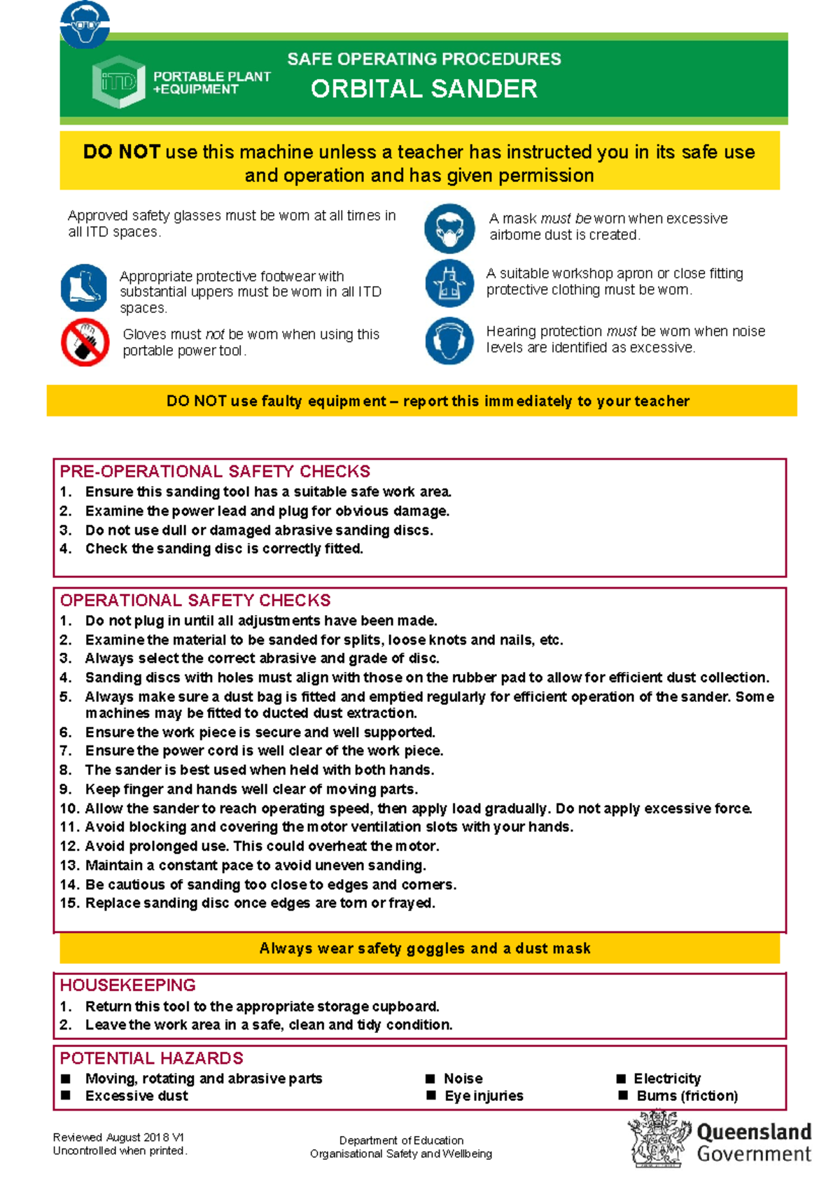 Sopsanderorbital The safety operations procedure sheet for a