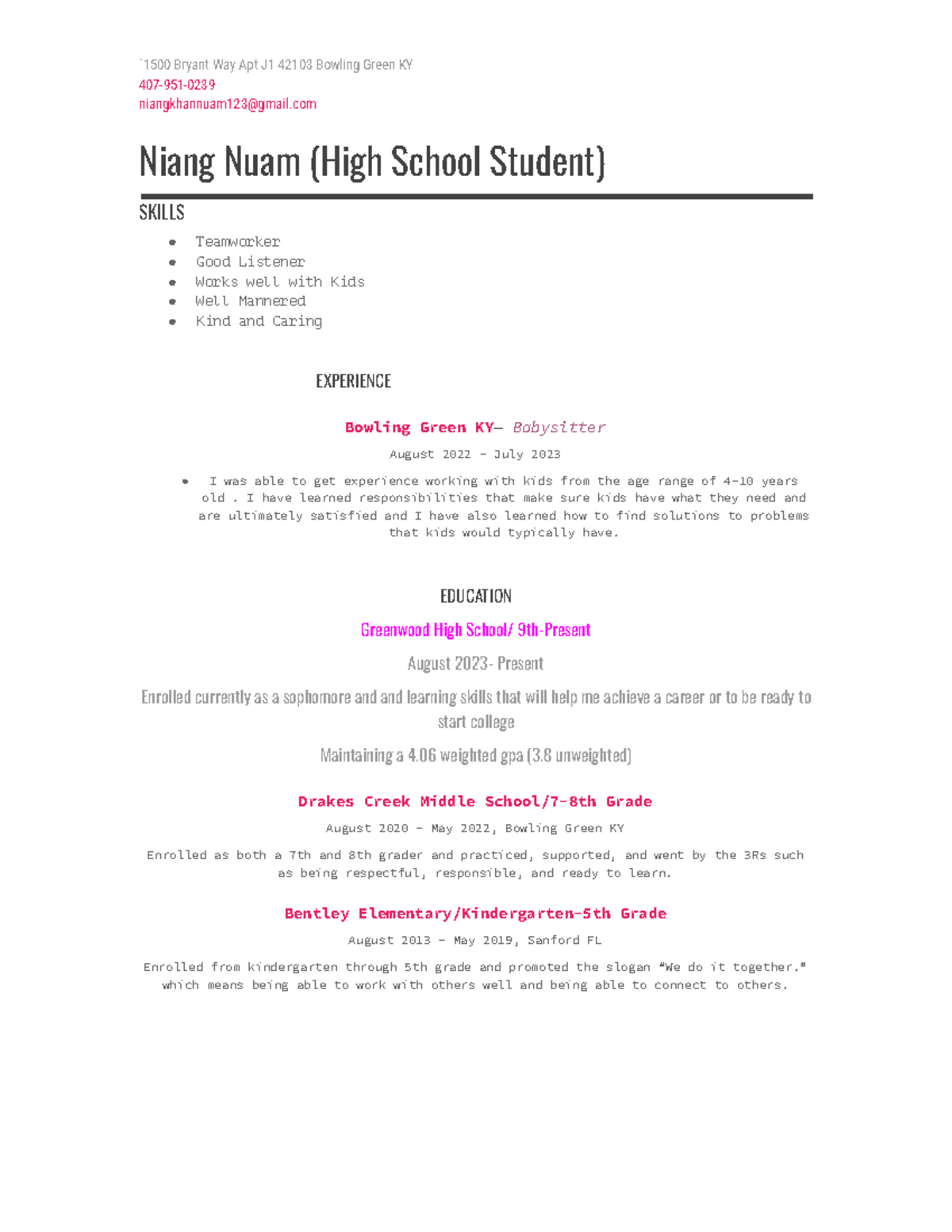 Job Resume - Biology work ifykyk - `1500 Bryant Way Apt J1 42103