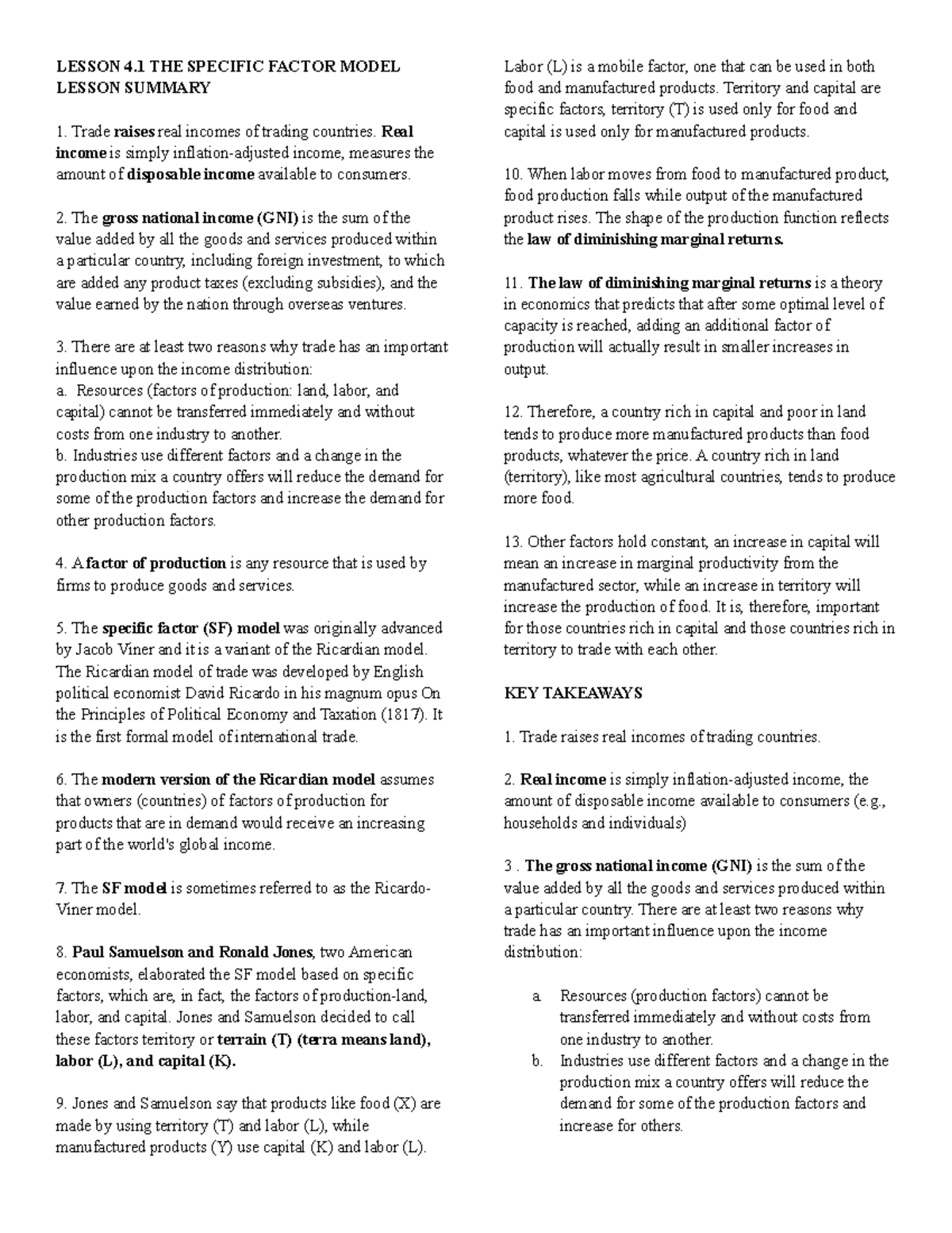 IBT - Midterms - lecture notes - LESSON 4 THE SPECIFIC FACTOR MODEL ...