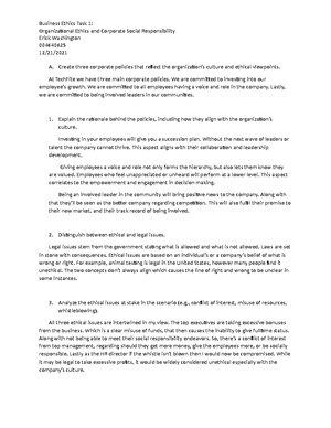 C717 Task 1 - passed paper - Business Ethics Task 1: Organizational ...