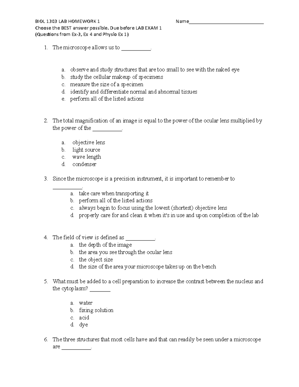 Lab HW 1 - Lab homework assignment. - BIOL 1303 LAB HOMEWORK 1 Choose ...