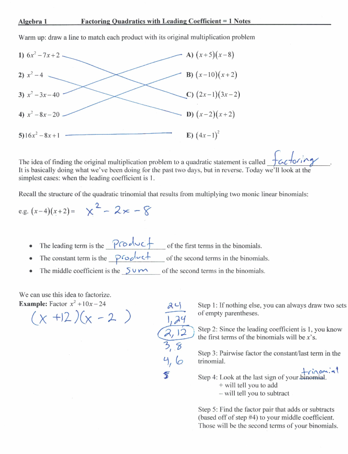 Factoring Quadratics with Leading Coefficient 1 - MAT 121 - Studocu