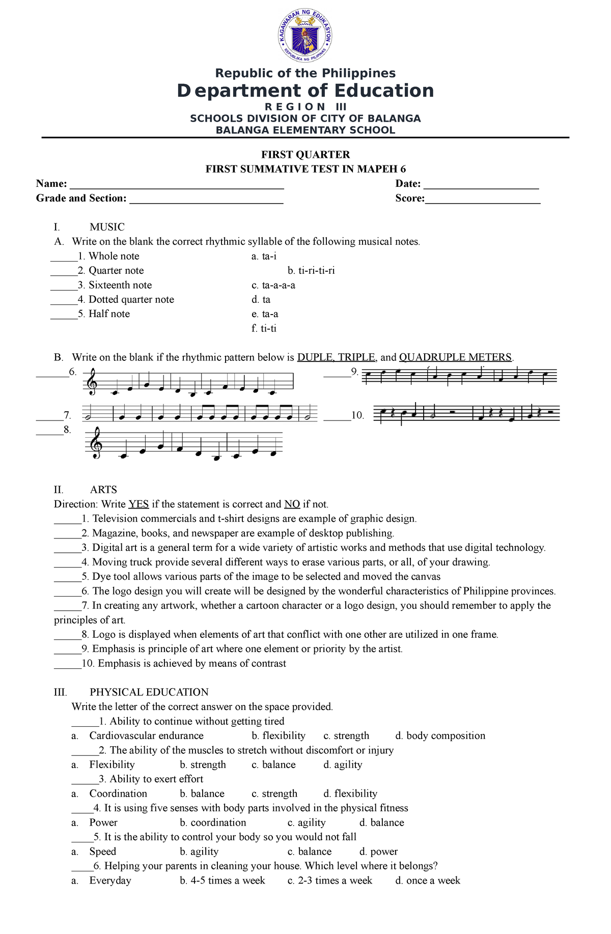 First Quarter Summative TEST G6 Mapeh - D Epartment Of Education R E G ...