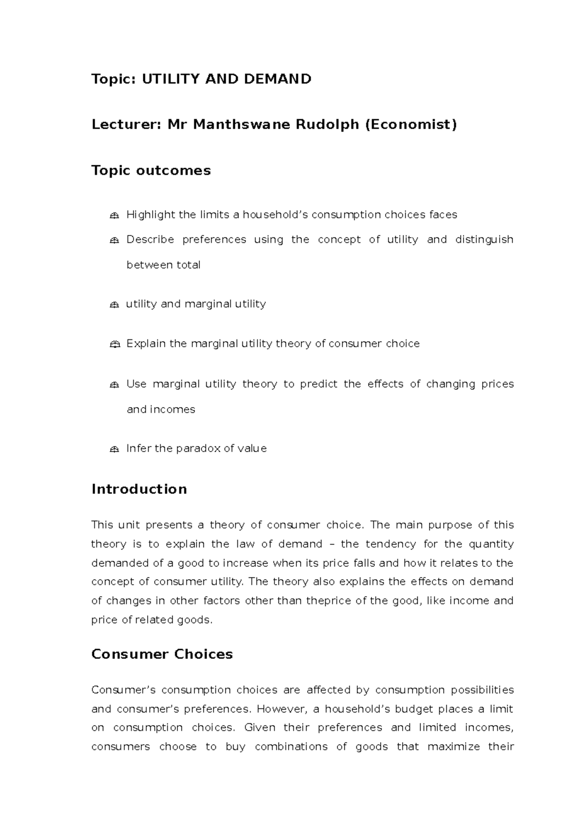 Utility AND Demand - Third year Economics study materials - Topic ...