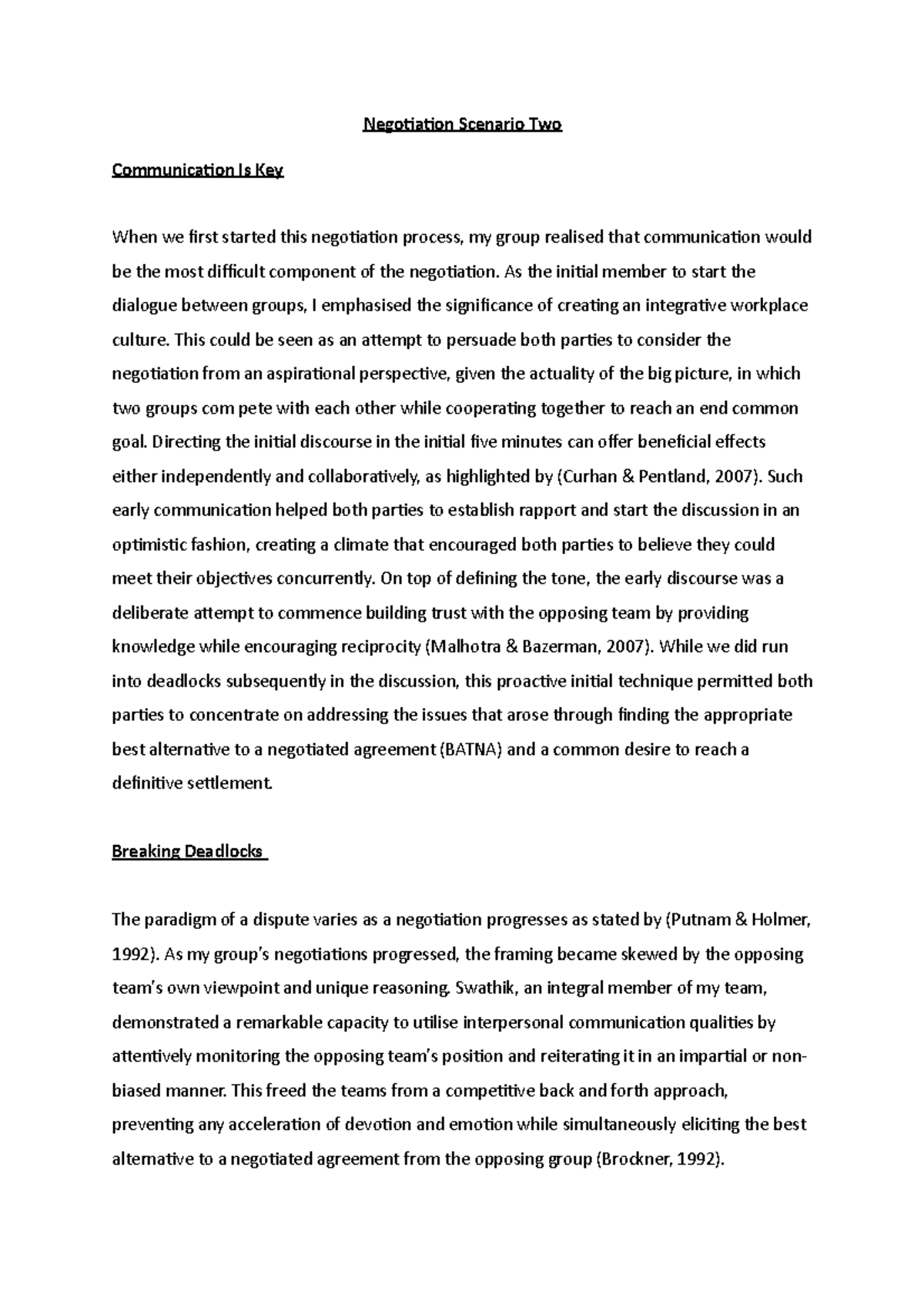 Negotiation Assignment 2 - Negotiation Scenario Two Communication Is ...