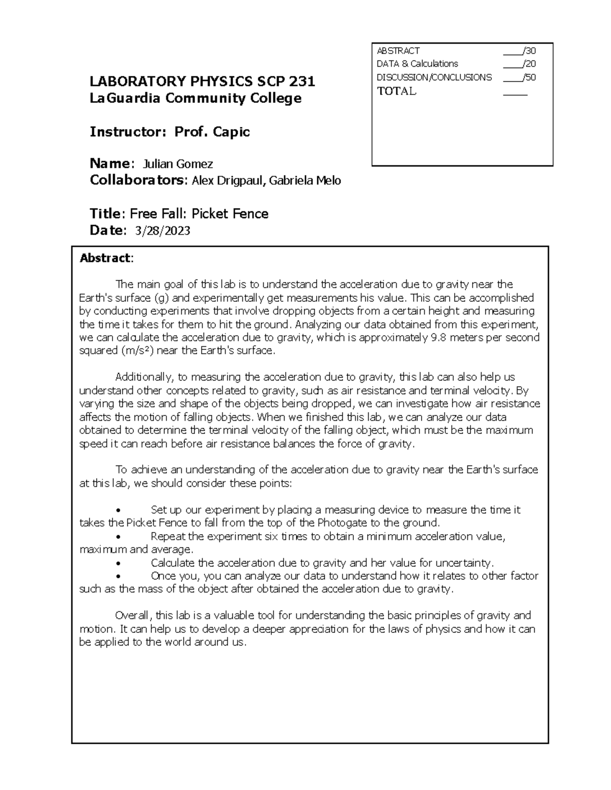 SCP231 Lab 2 Free Fall Picket Fence LABORATORY PHYSICS SCP 231