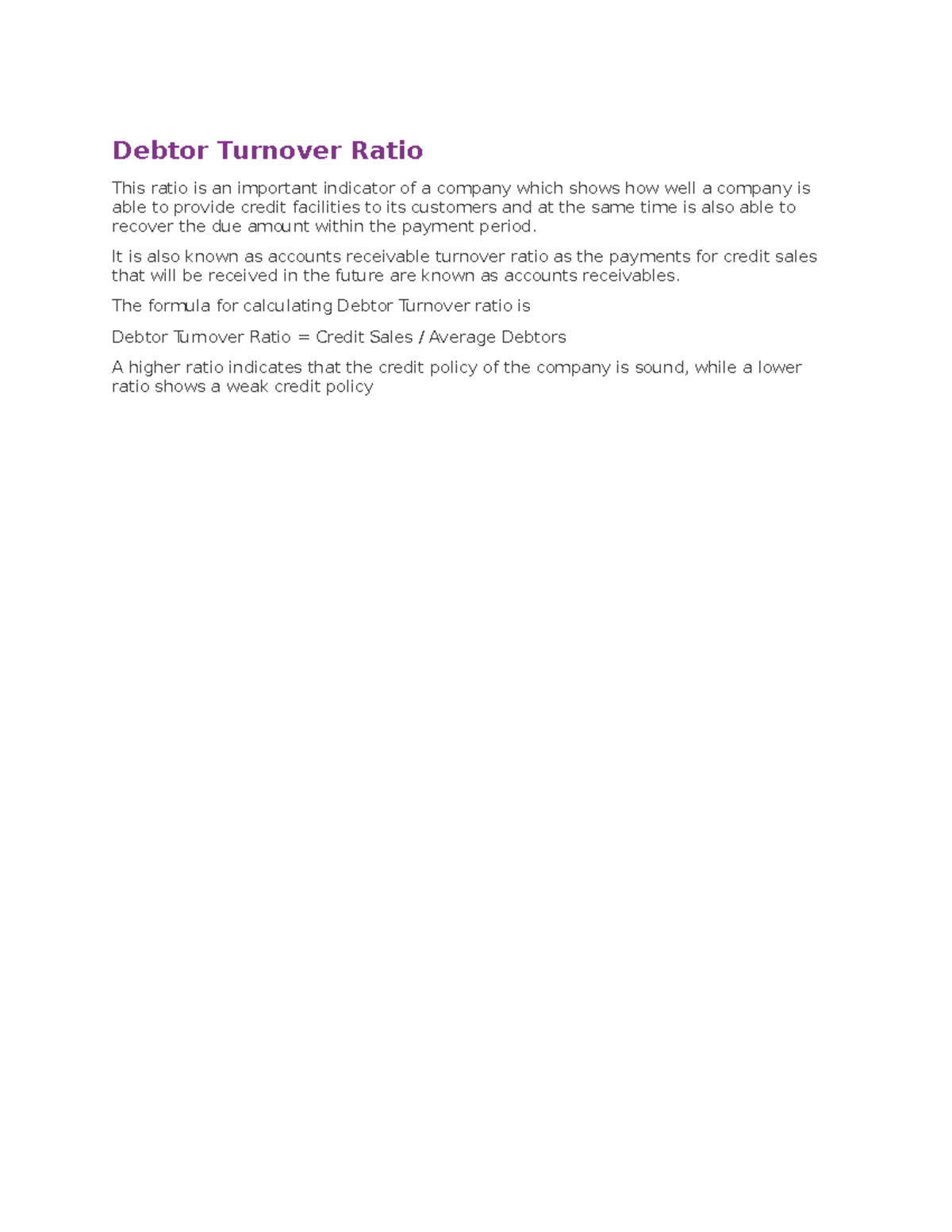 Debtors Turnover Ratio Debtor Turnover Ratio This Ratio Is An 