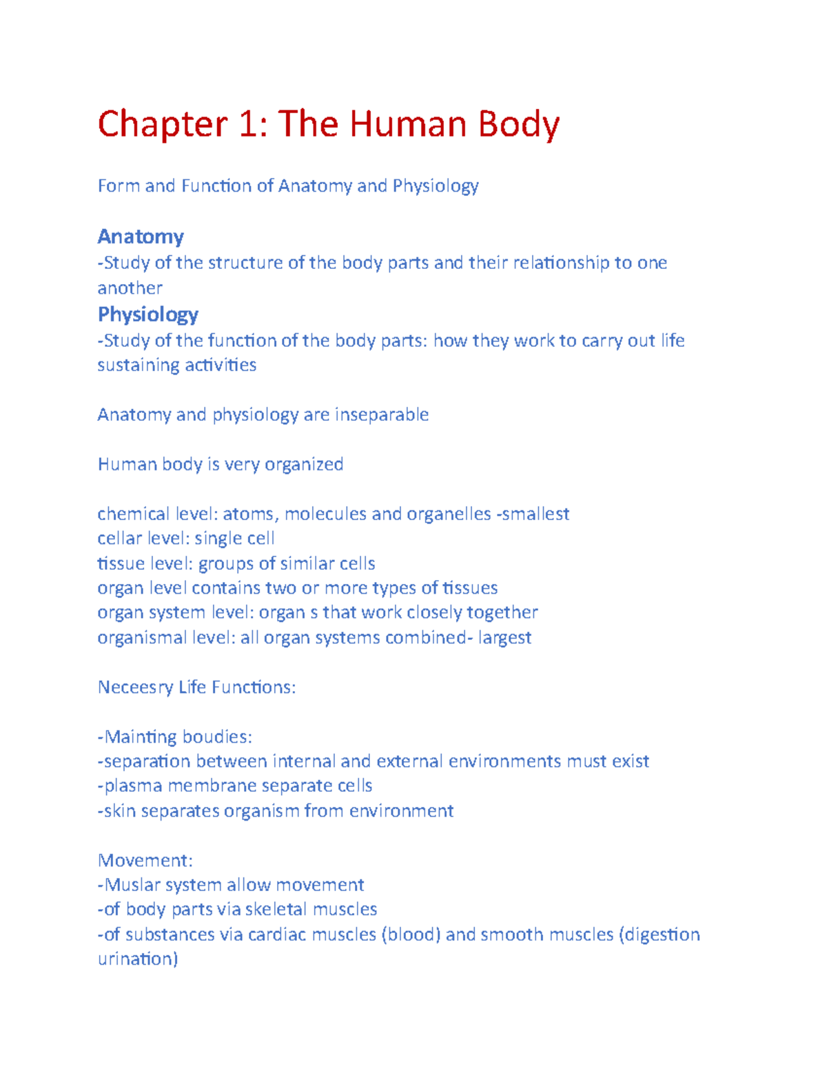 Human Anatmoy Notes - Chapter 1: The Human Body Form And Function Of ...