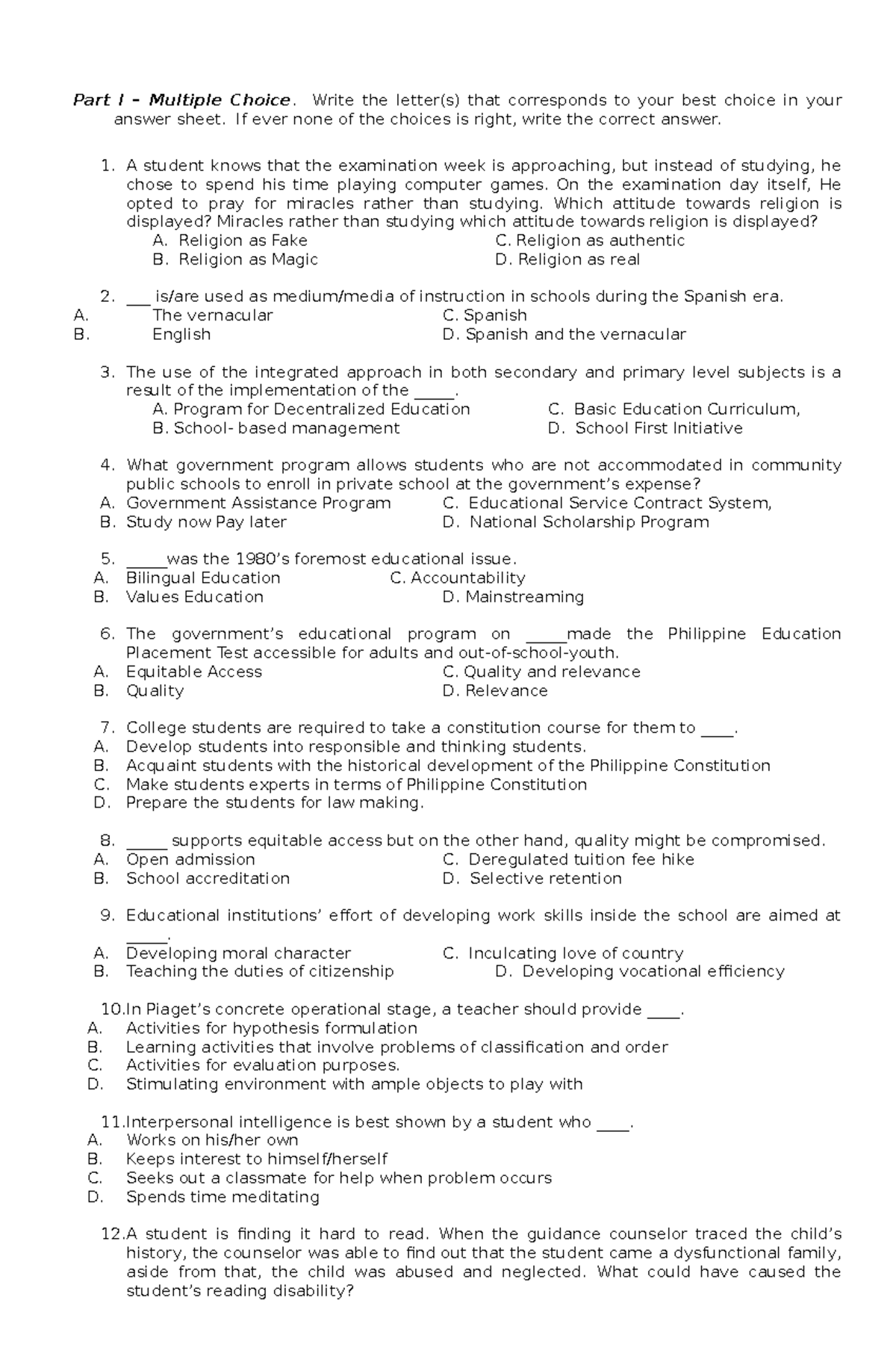 Gen Edu Set C General Education LET Reviewer Part I Multiple