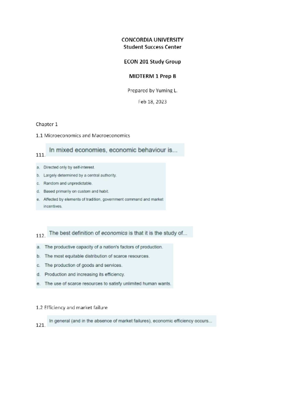 Econ 201 mock midterm - CONCORDIA UNIVERSITY Student Success Center ...