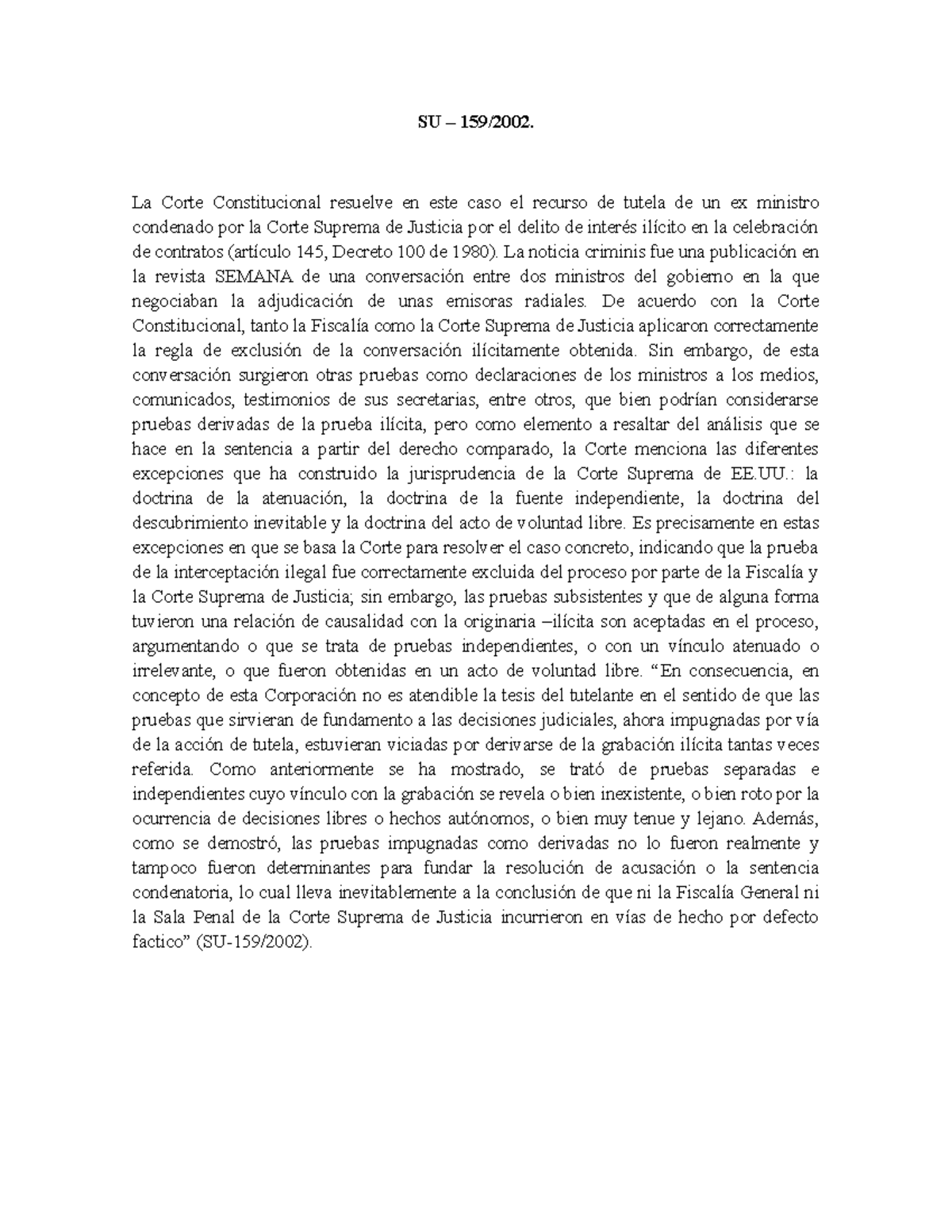 SU 159 - 2002 - Apuntes Sentencia - SU – 159/2002. La Corte