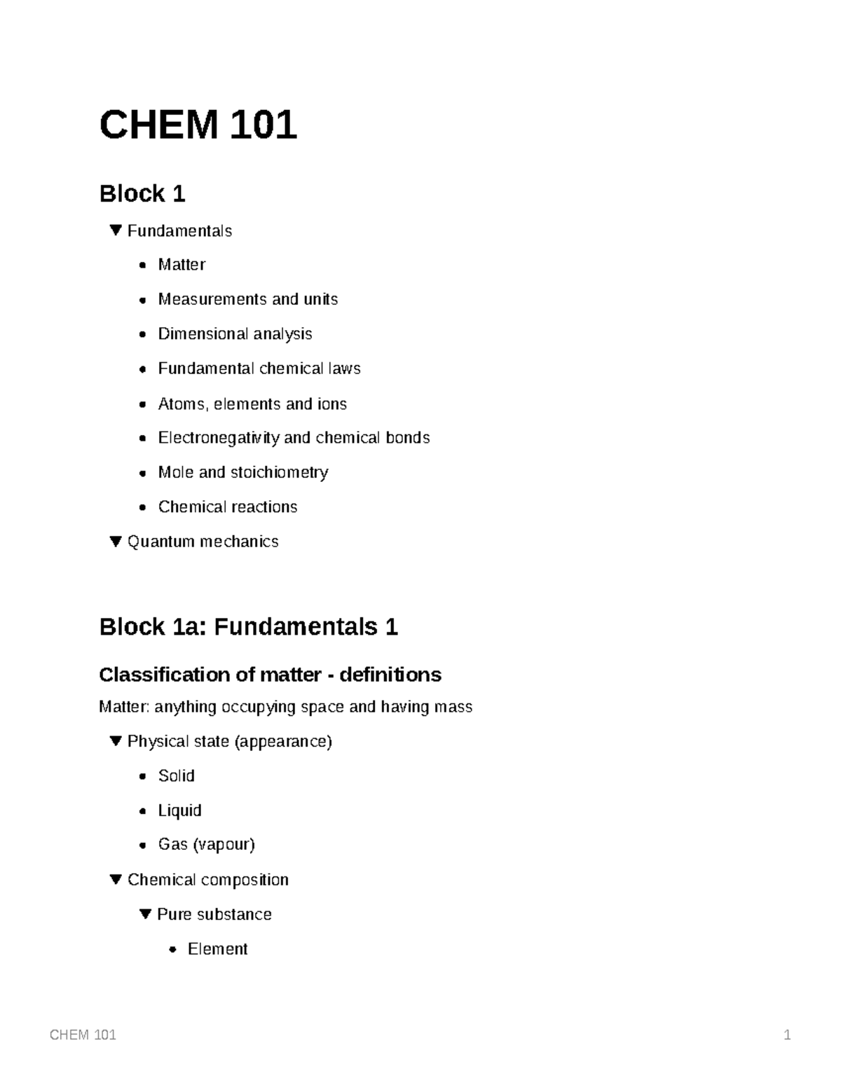 CHEM 101 - Chemistry Notes 1-3 - CHEM 101 Block 1 Fundamentals Matter ...