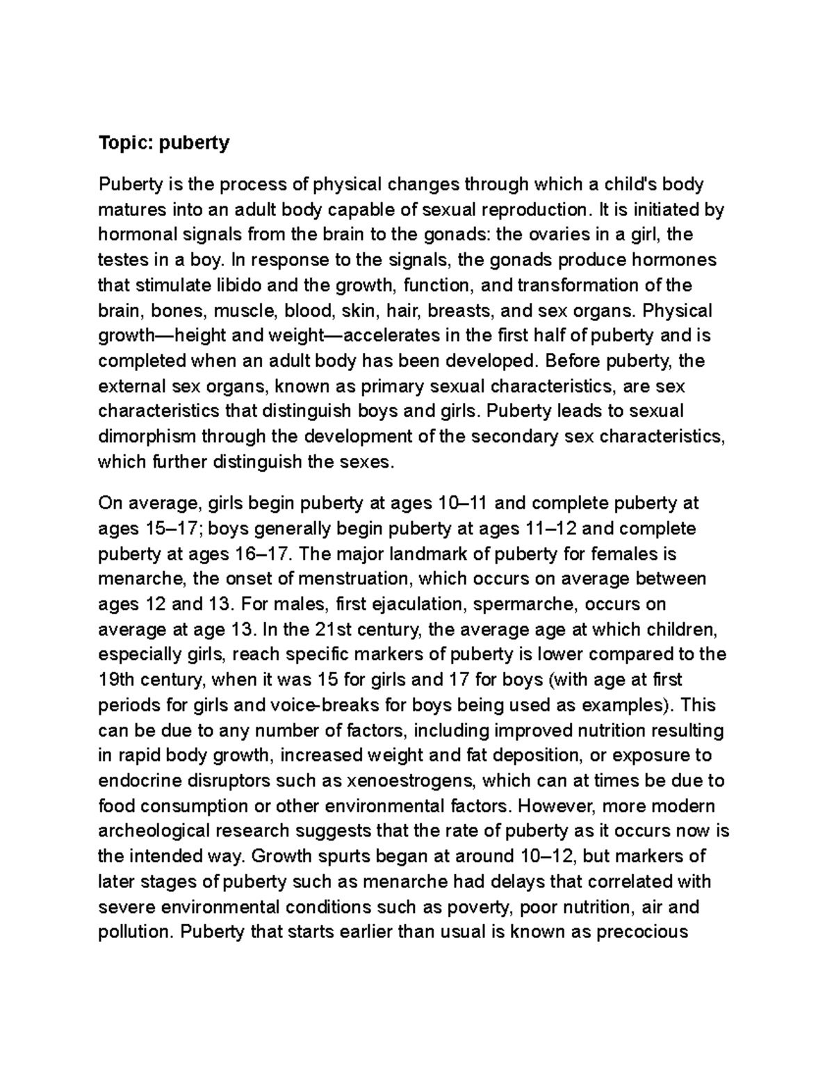 essay on the topic puberty