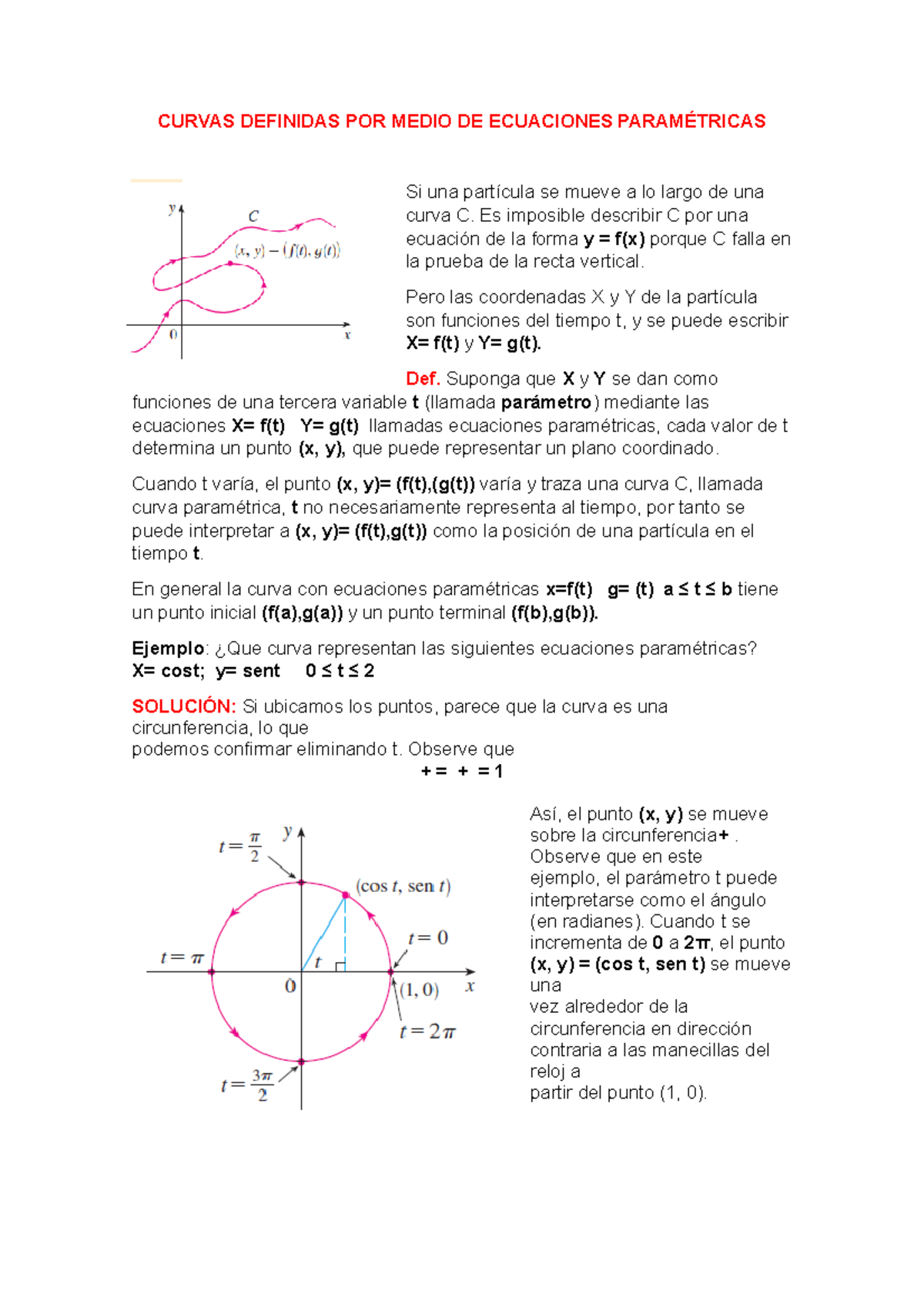 Taller Calculó 2 Curvas Definidas Por Medio De Ecuaciones