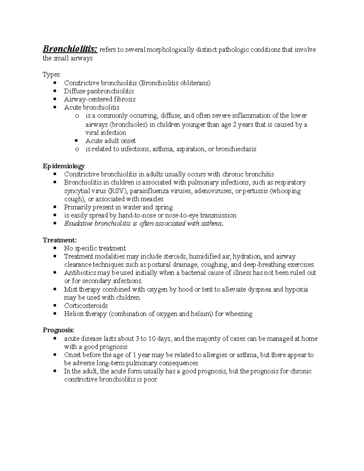 Bronchiolitis Treatment No specific treatment Treatment modalities