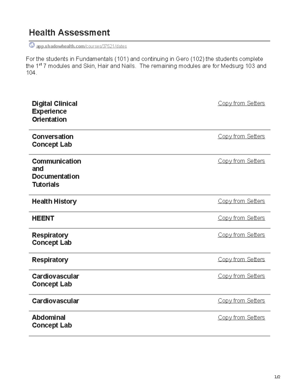 Shadow Health Modules Fundamentals Medical Surgical - 1 / 2 Health ...