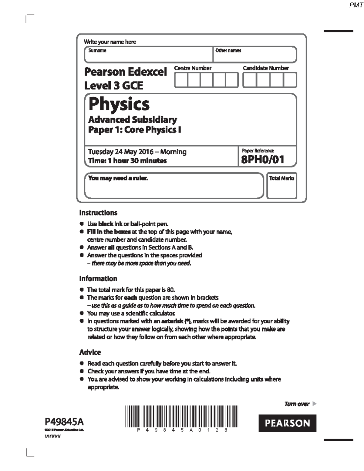 June 2016 QP Paper 1 Edexcel Physics ASlevel SECTION A Answer ALL