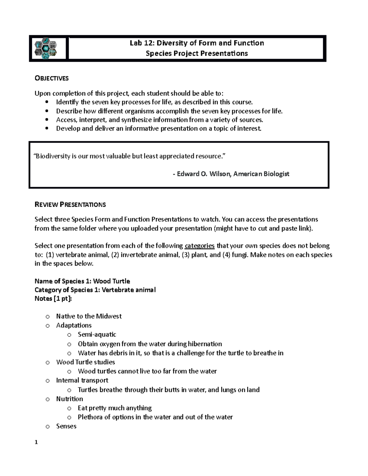 BIO 212-Diversity of Form Function Lab - Lab 12: Diversity of Form and ...