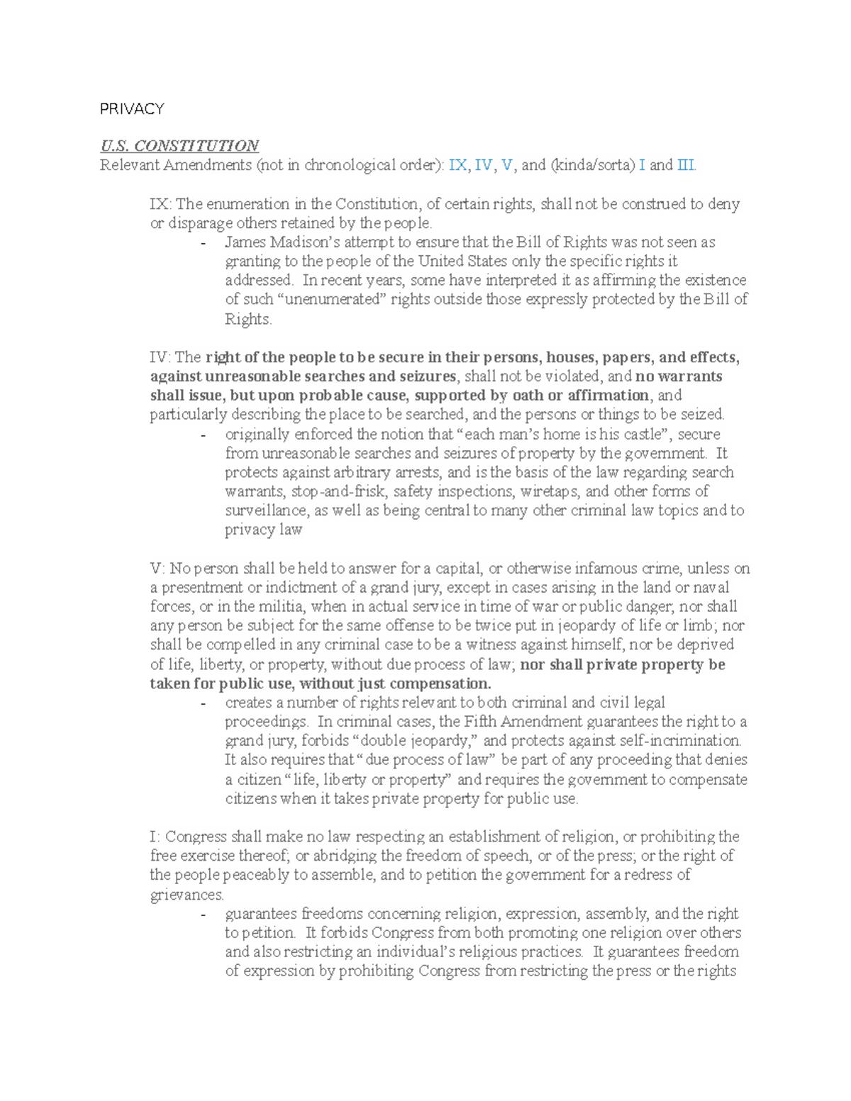 Privacy Notes - PRIVACY U. CONSTITUTION Relevant Amendments (not in ...