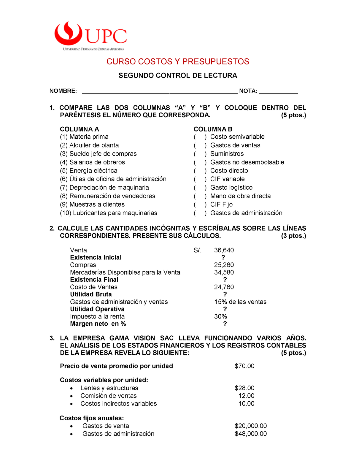 Examen Parcial De Costos Y Presupuestos Parte 2 Upc 2 2204