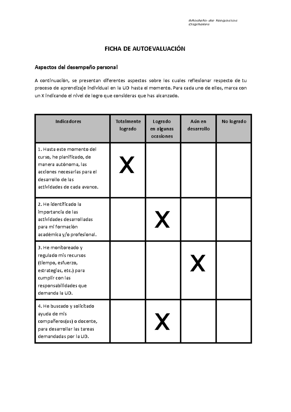 Semana 4 Ficha de autoevaluación - FICHA DE AUTOEVALUACIÓN Aspectos del ...