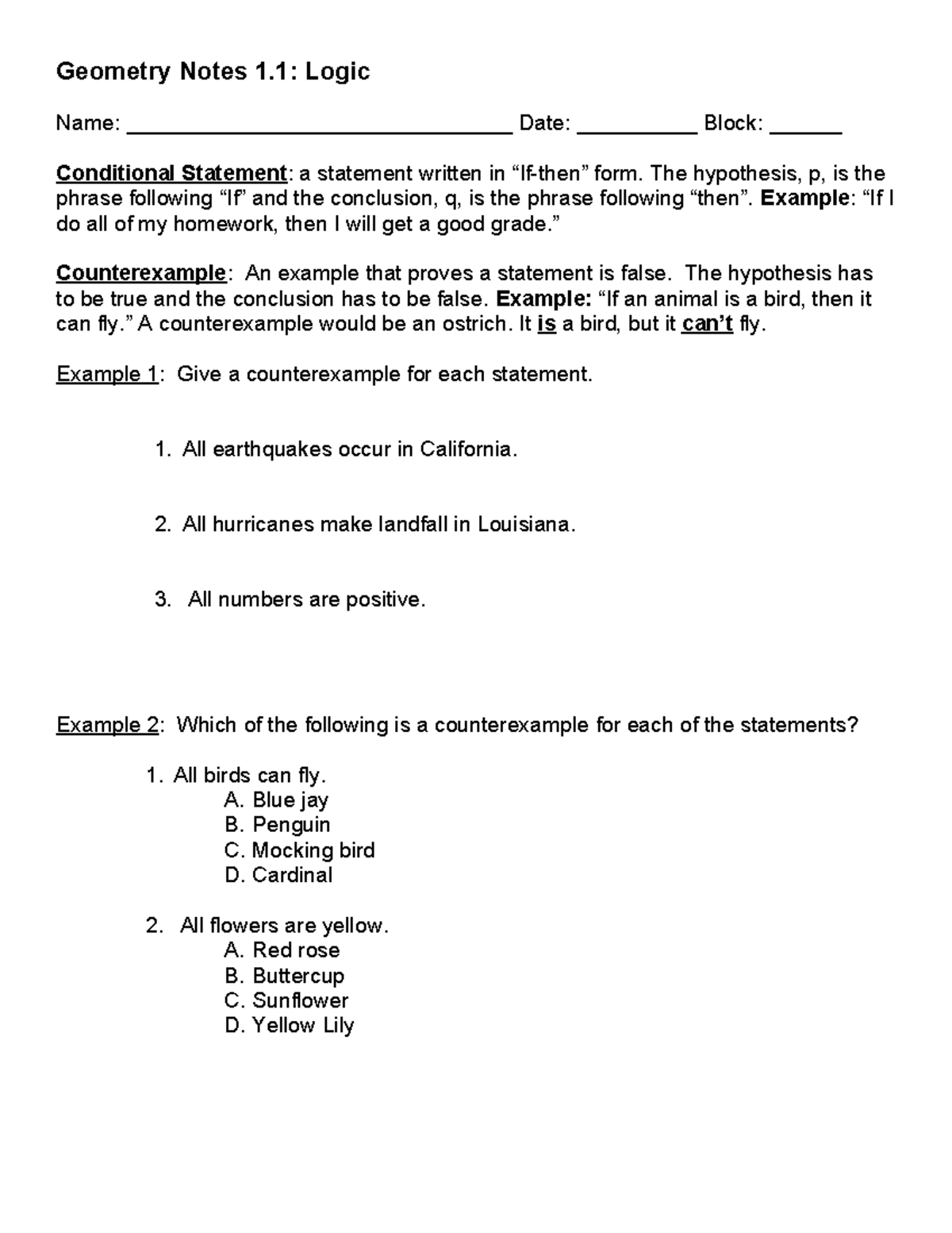 Notes 1.1 Logic - math work - Geometry Notes 1: Logic Name