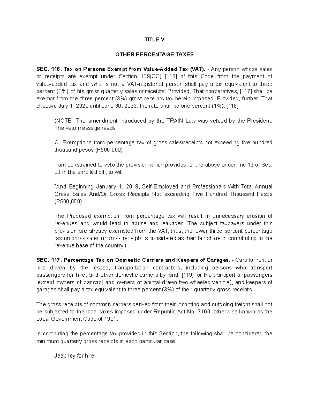 Percentage Taxes - school - TITLE V OTHER PERCENTAGE TAXES SEC. 116 ...