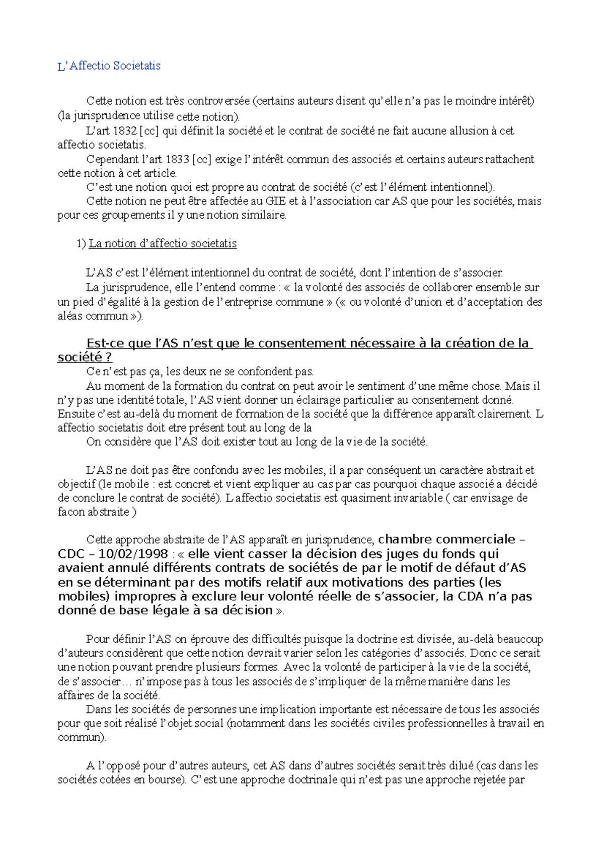 L’Affectio Societatis - L’Affectio Societatis Cette notion est très ...