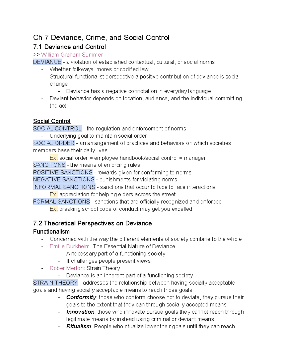 Soc Ch 7 - Reading Notes - Ch 7 Deviance, Crime, And Social Control 7 ...