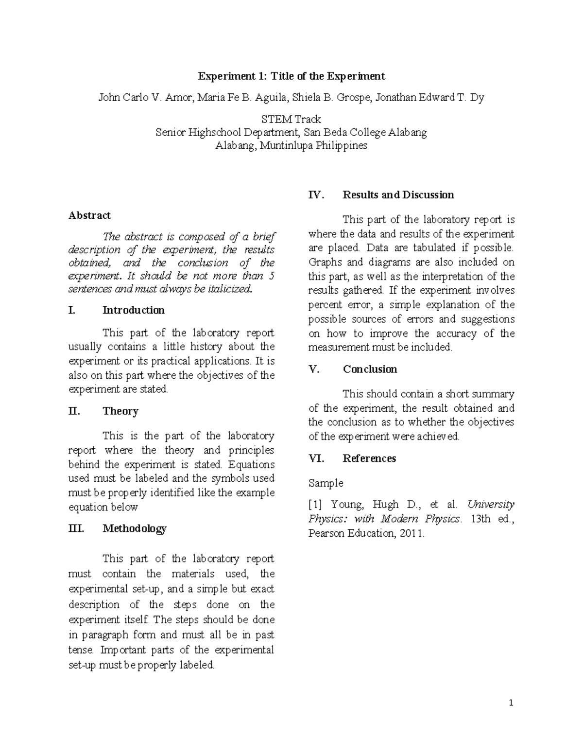 Laboratory format - Sample lab activity - 1 Experiment 1: Title of the ...