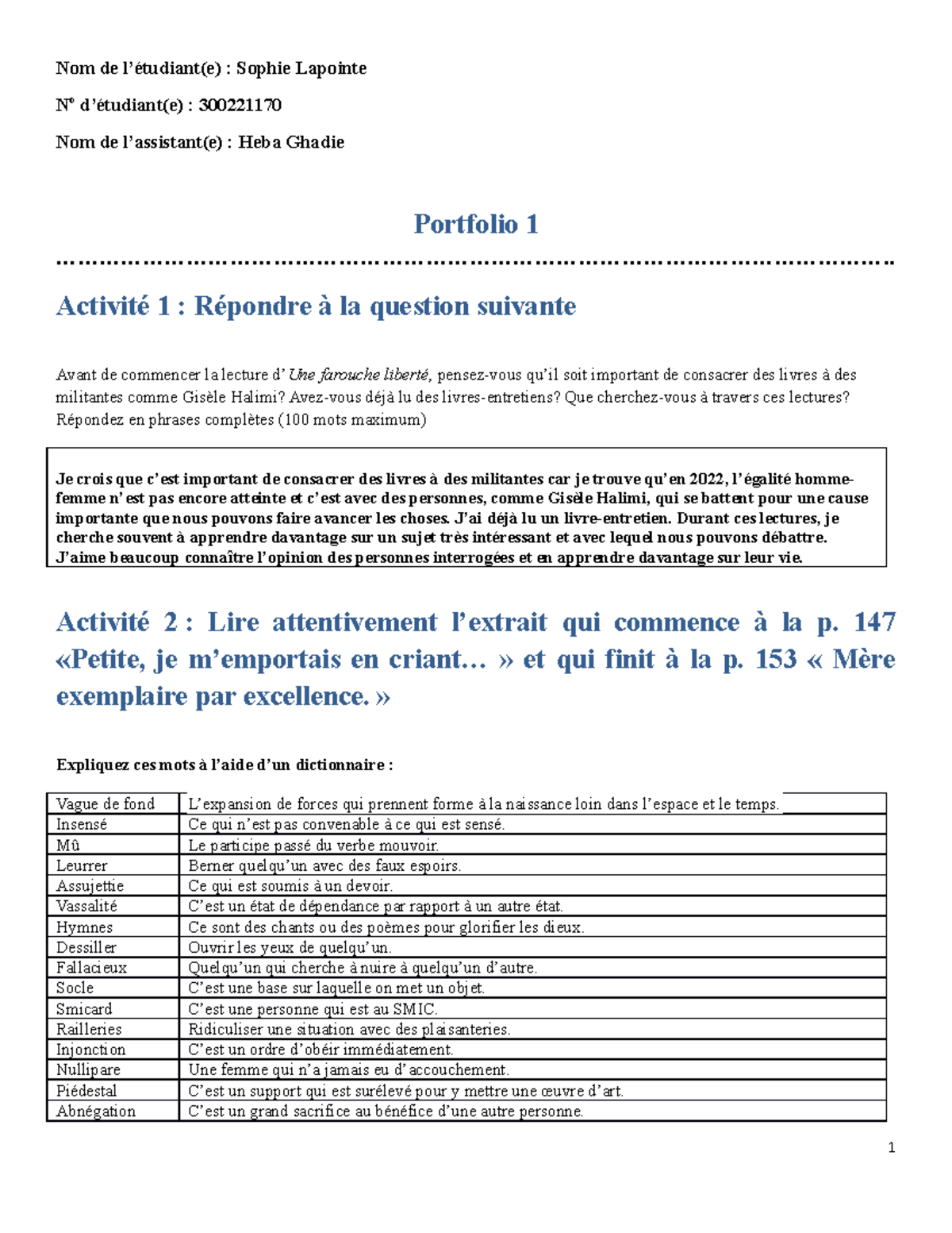 Portfolio 1 Une farouche liberté cours de français - Nom de l’étudiant ...