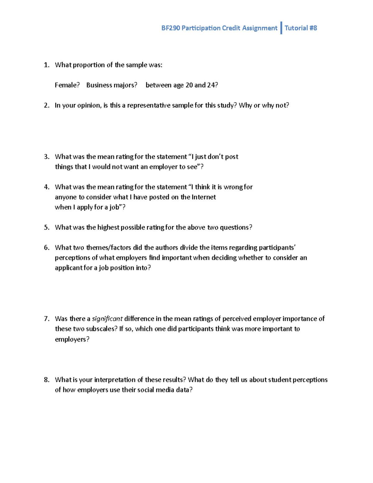 Tutorial 8 Participation Credit - BF-290 - BF290 Participation Credit ...