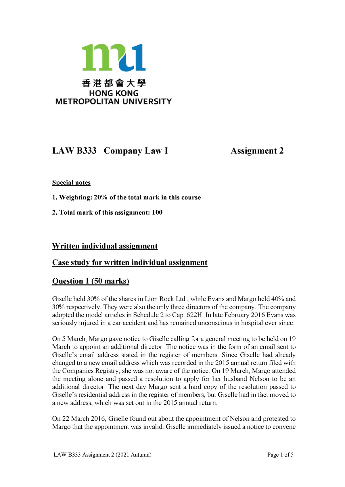 LAW B333 Autumn 2021 Assignment 2 Ed2 - LAW B 333 Company Law I ...