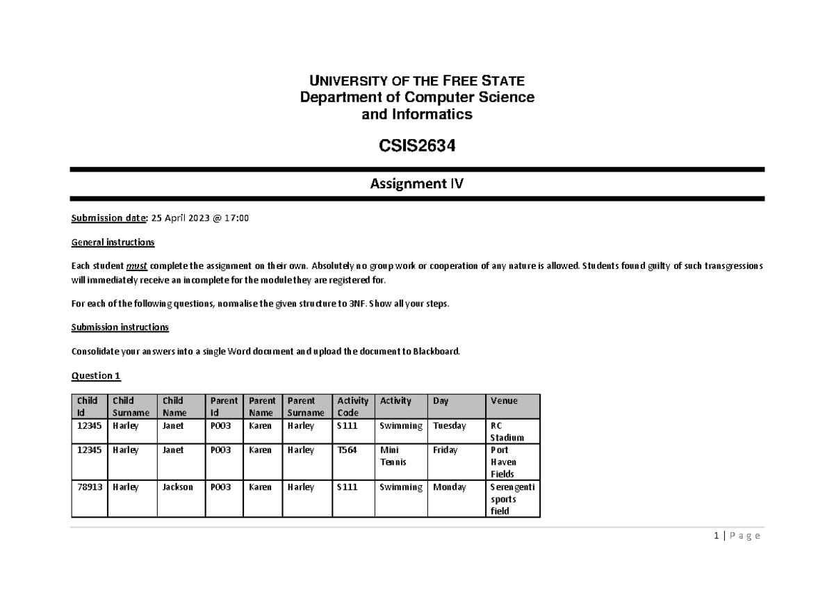 Assignment 4 - 1 | P a g e UNIVERSITY OF THE FREE STATE Department of ...