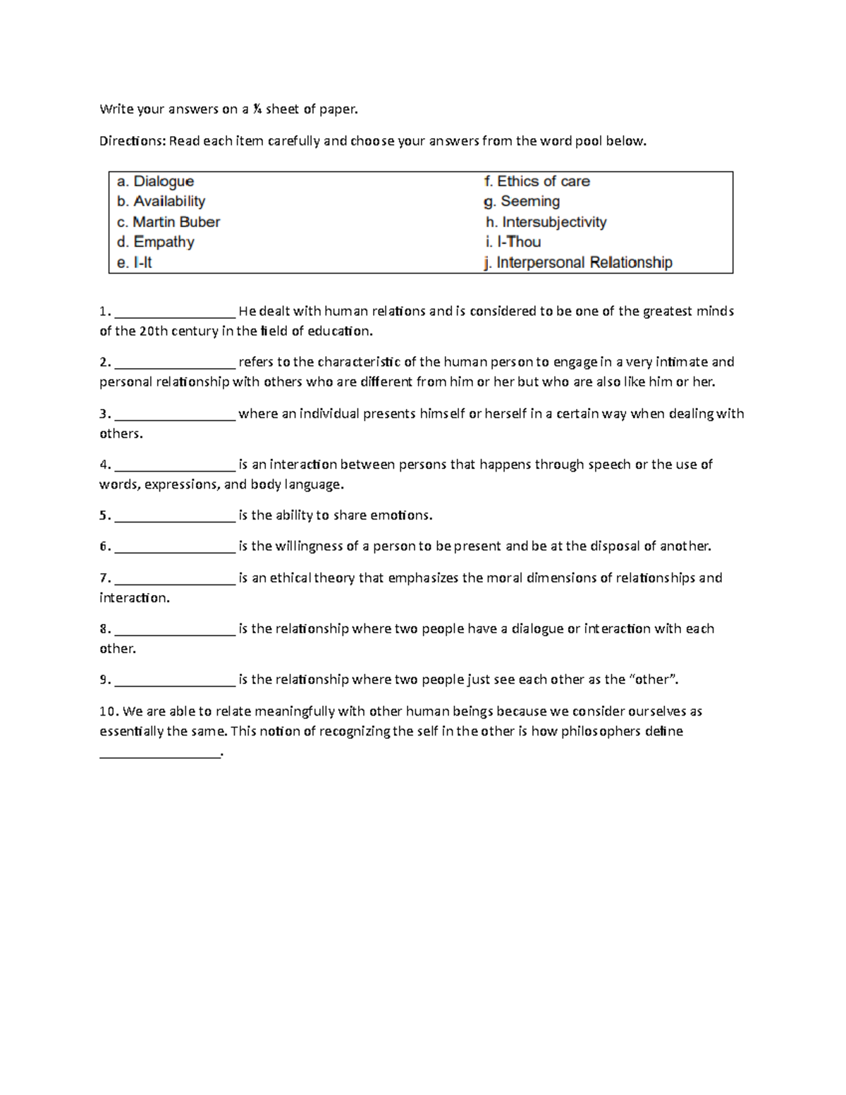 Written works intersubjectivity - Write your answers on a ¼ sheet of ...